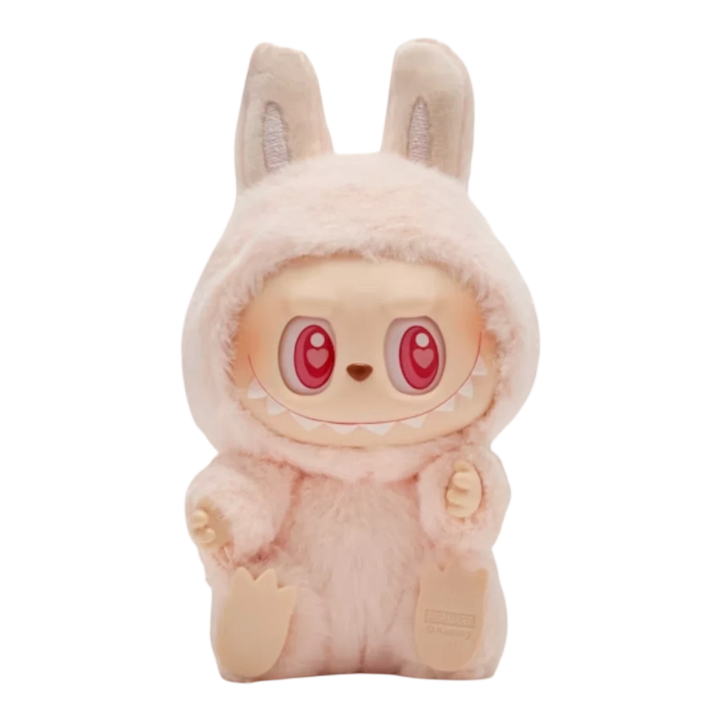 Squish Planet Pop Mart Labubu pink plush monster pendant with red eyes and sharp teeth, wearing a hooded plush suit.