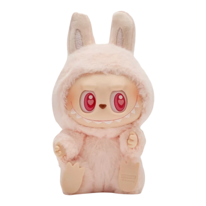 Squish Planet Pop Mart Labubu pink plush monster pendant with red eyes and sharp teeth, wearing a hooded plush suit.