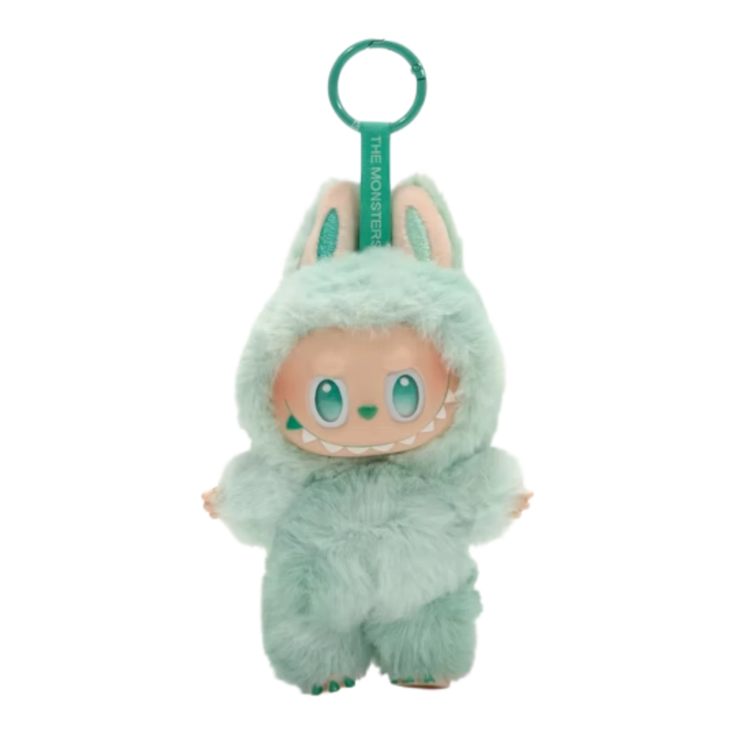 Squish Planet Pop Mart Labubu Big into Energy plush pendant, mint green fuzzy monster with large eyes and sharp teeth, keyring attachment.