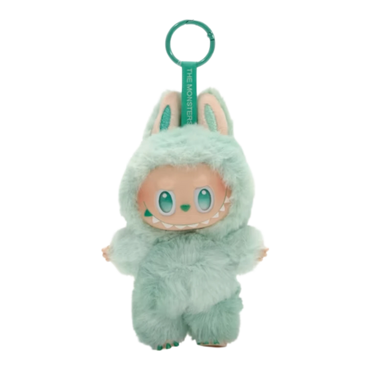 Squish Planet Pop Mart Labubu Big into Energy plush pendant, mint green fuzzy monster with large eyes and sharp teeth, keyring attachment.