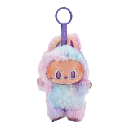 Squish Planet Labubu The Monsters Big into Energy Series plush pendant, pastel tie-dye colors, vinyl face, purple keychain.