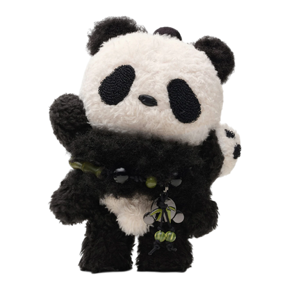Squish Planet Lazy Panda plush doll pendant with black and white fur, green beaded necklace, and keychain attachment.