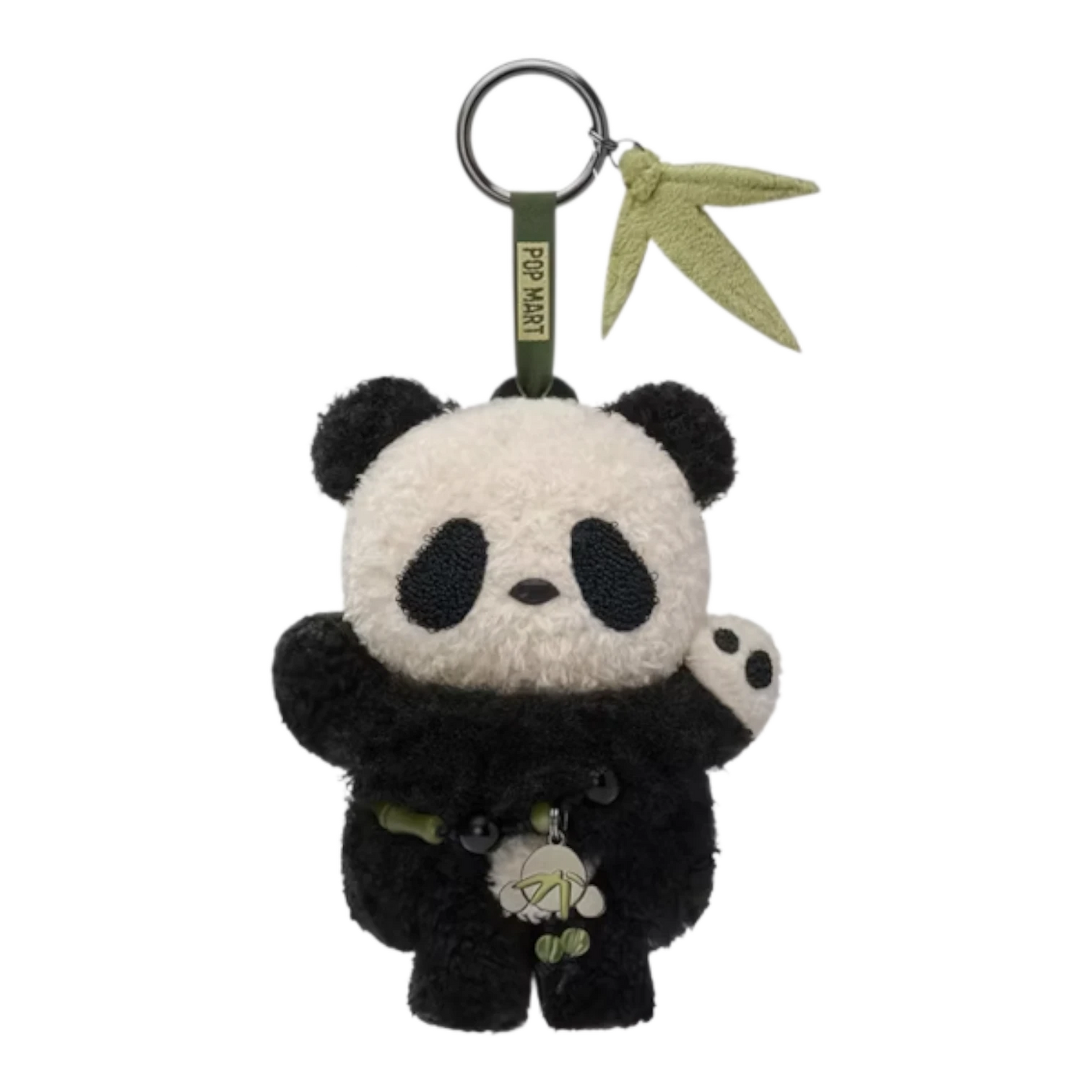 Squish Planet Lazy Panda plush doll pendant with black and white fur, featuring the Skullpanda character and a bamboo charm.