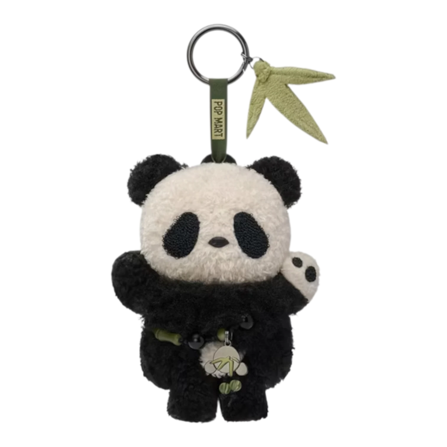 Squish Planet Lazy Panda plush doll pendant with black and white fur, featuring the Skullpanda character and a bamboo charm.