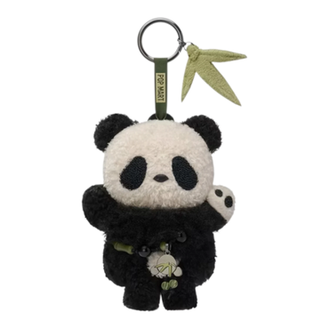 Squish Planet Lazy Panda plush doll pendant with black and white fur, featuring the Skullpanda character and a bamboo charm.
