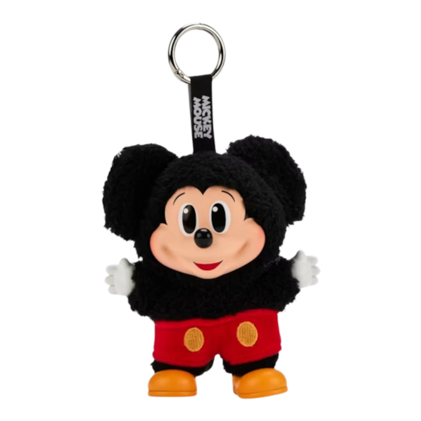 Squish Planet Disney Mickey Mouse plush keychain, black fuzzy body, red shorts, metal ring.