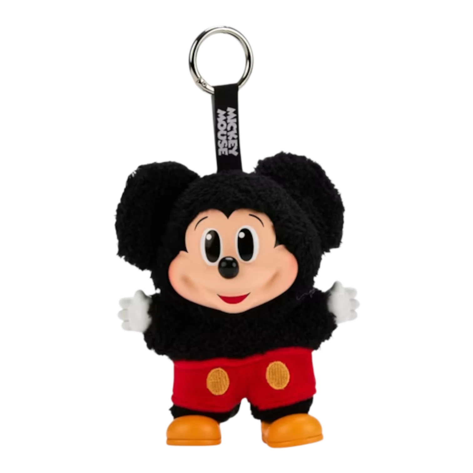 Squish Planet Disney Mickey Mouse plush keychain, black fuzzy body, red shorts, metal ring.