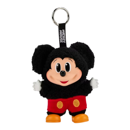 Squish Planet Disney Mickey Mouse plush keychain, black fuzzy body, red shorts, metal ring.