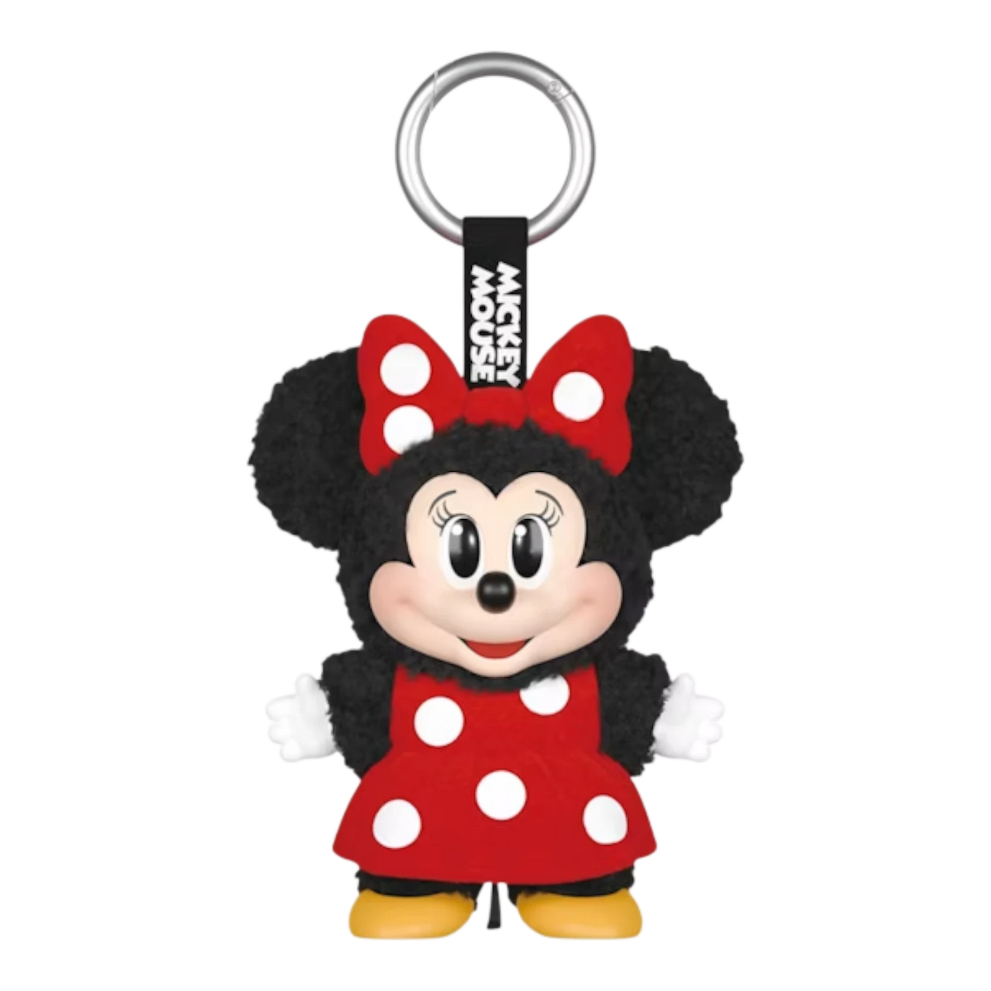Squish Planet Disney Minnie Mouse plush keychain in red polka dot dress and bow, with metal ring.