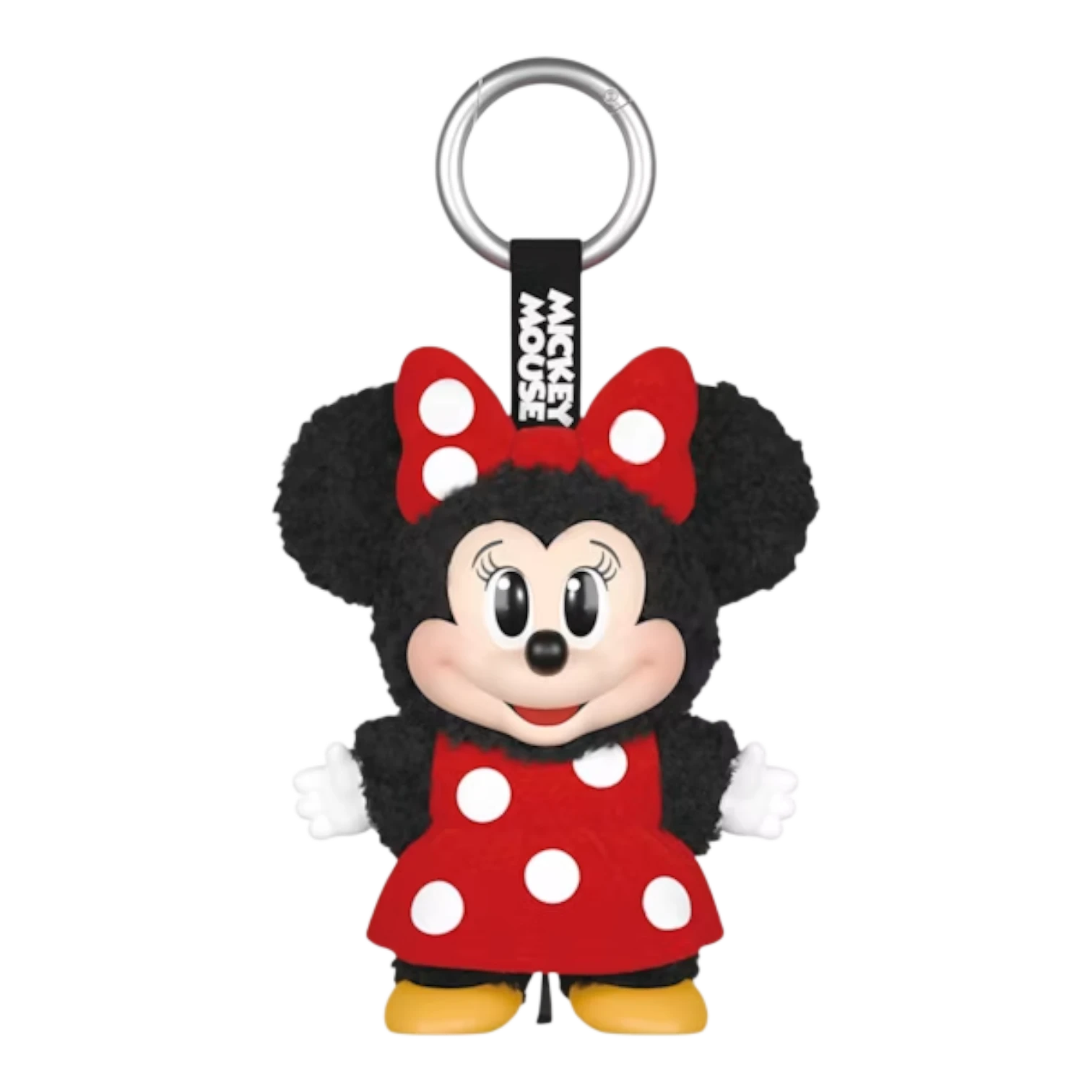 Squish Planet Disney Minnie Mouse plush keychain in red polka dot dress and bow, with metal ring.