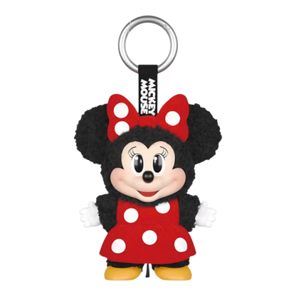 Squish Planet Disney Minnie Mouse plush keychain in red polka dot dress and bow, with metal ring.