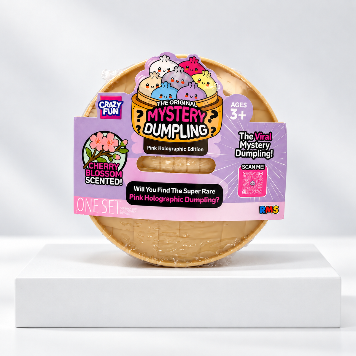 Crazy Fun Mystery Dumpling round package with pink label, front view