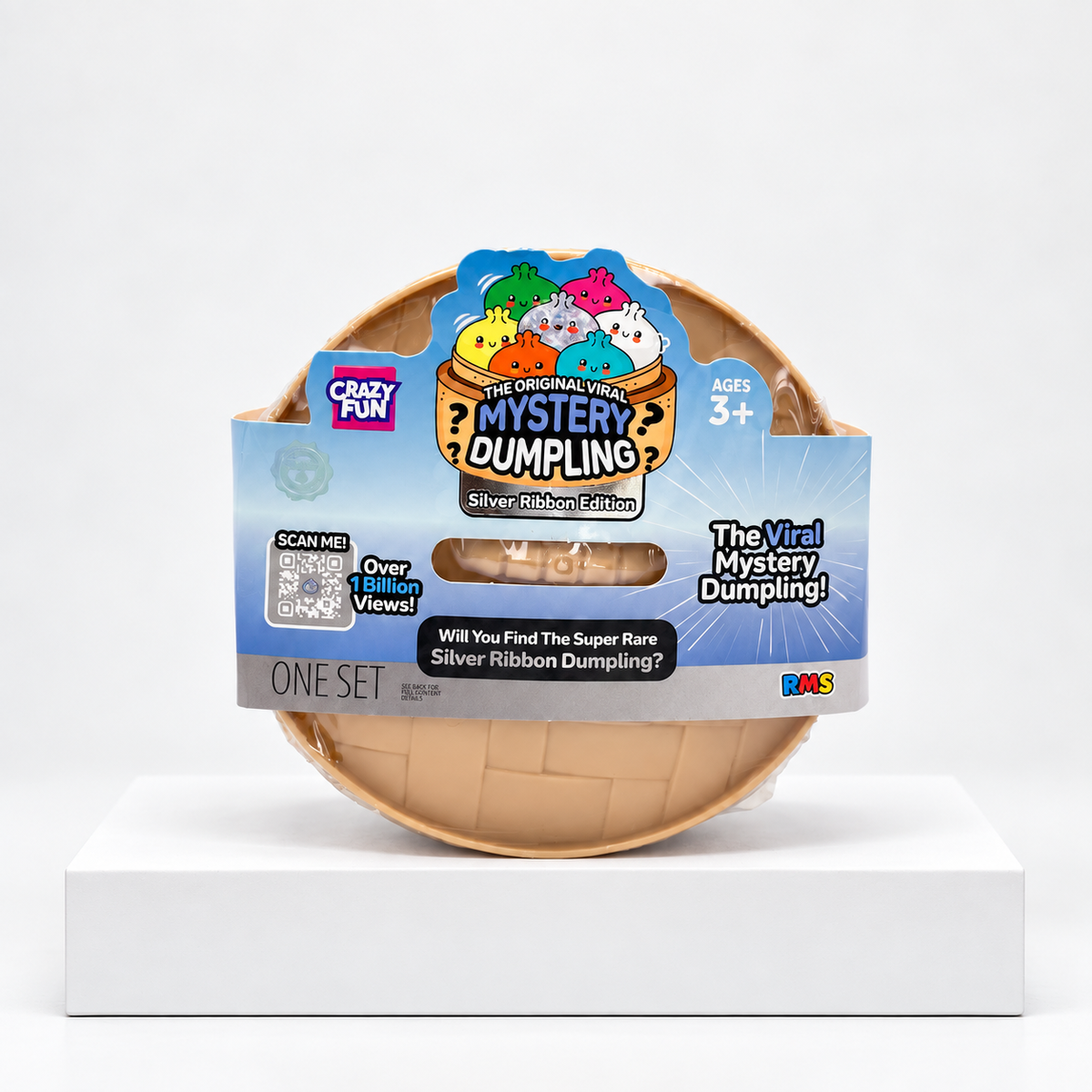 Crazy Fun Mystery Dumpling round package with pale-blue label, front view