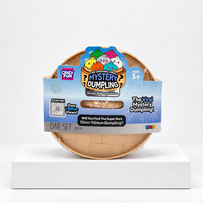 Crazy Fun Mystery Dumpling round package with pale-blue label, front view