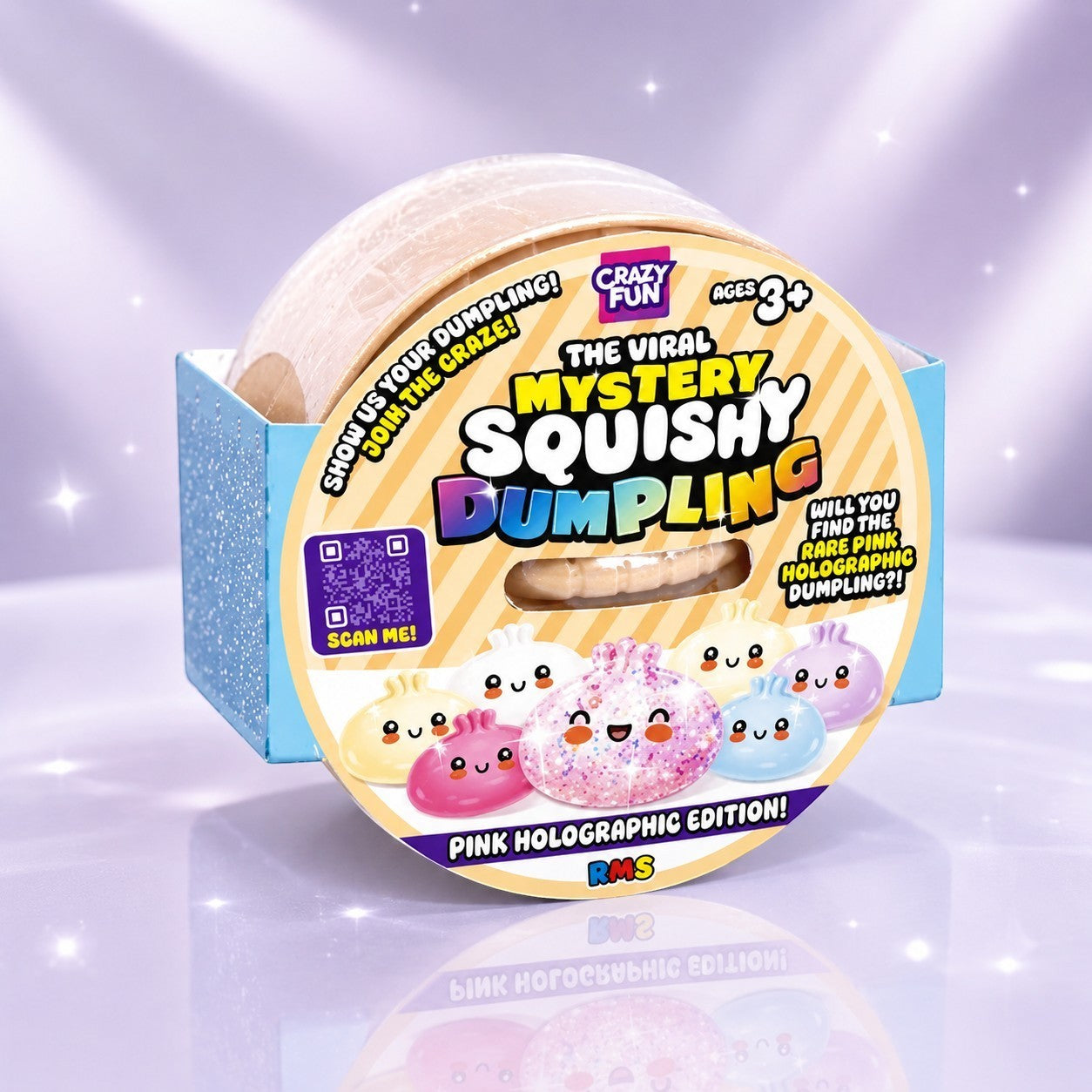 Squish Planet mystery squishy dumpling blind box featuring the rare pink holographic glitter chase edition
