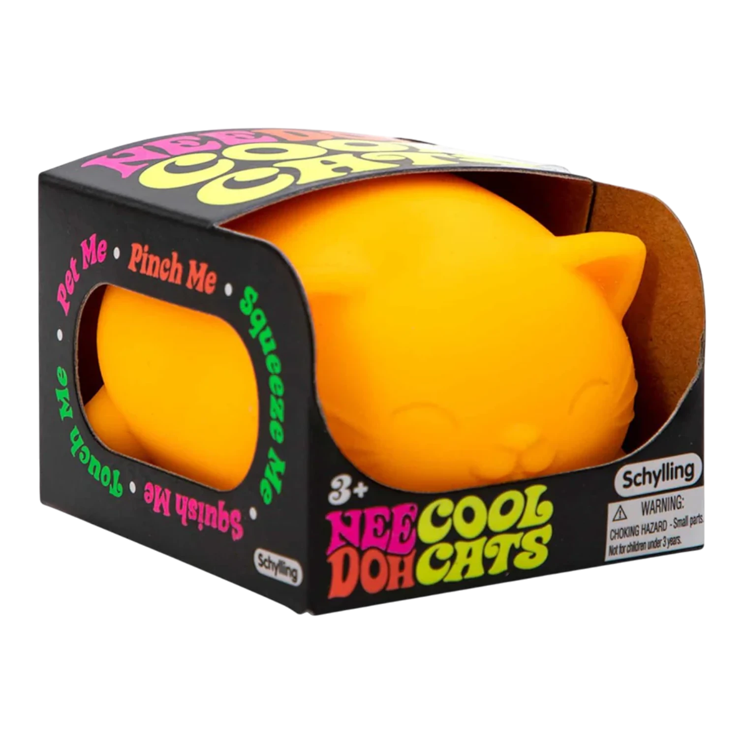 Squish Planet NeeDoh Cool Cat fidget toy in bright orange, a squishy, squeezable stress relief toy with a cute cat face.
