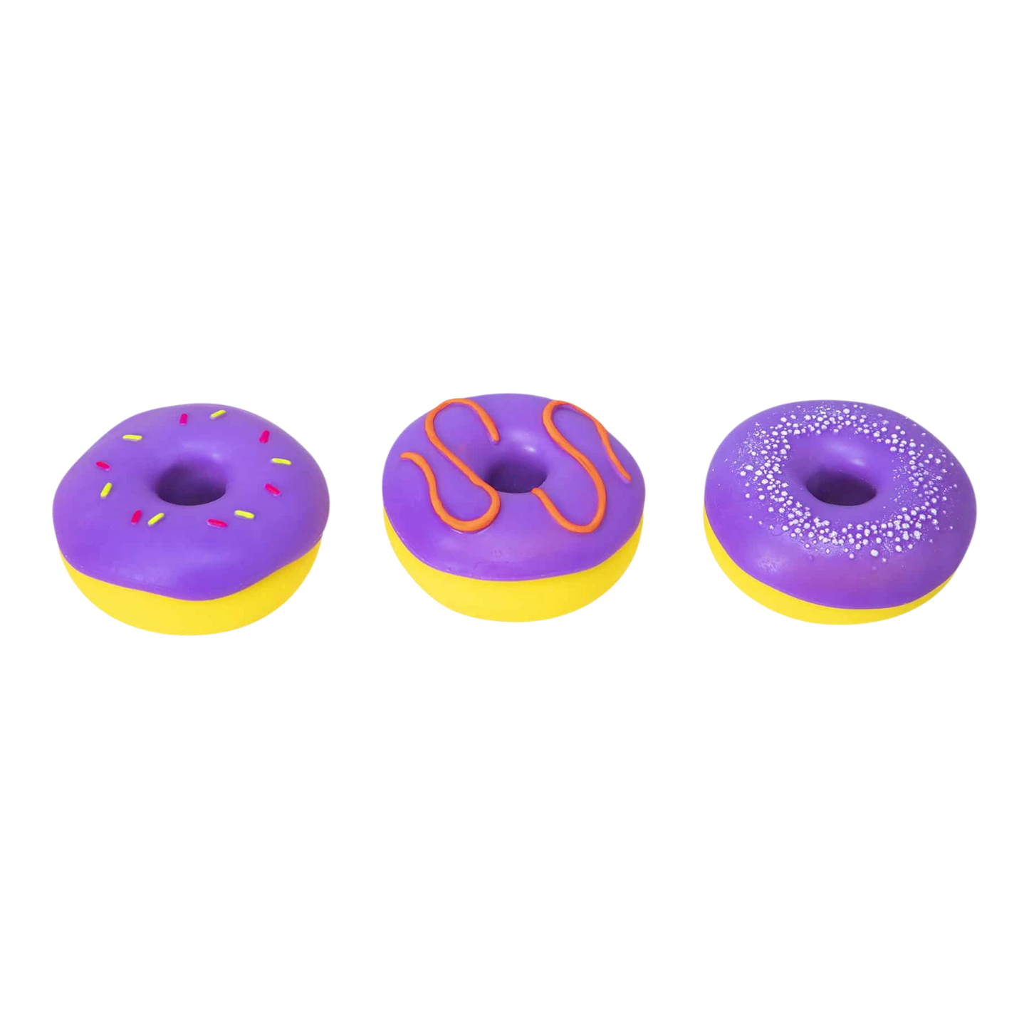 Squish Planet NeeDoh Dohnuts squishy fidget toys in purple with yellow bases. One has pink and yellow sprinkles, another orange icing, and the third white sprinkles.