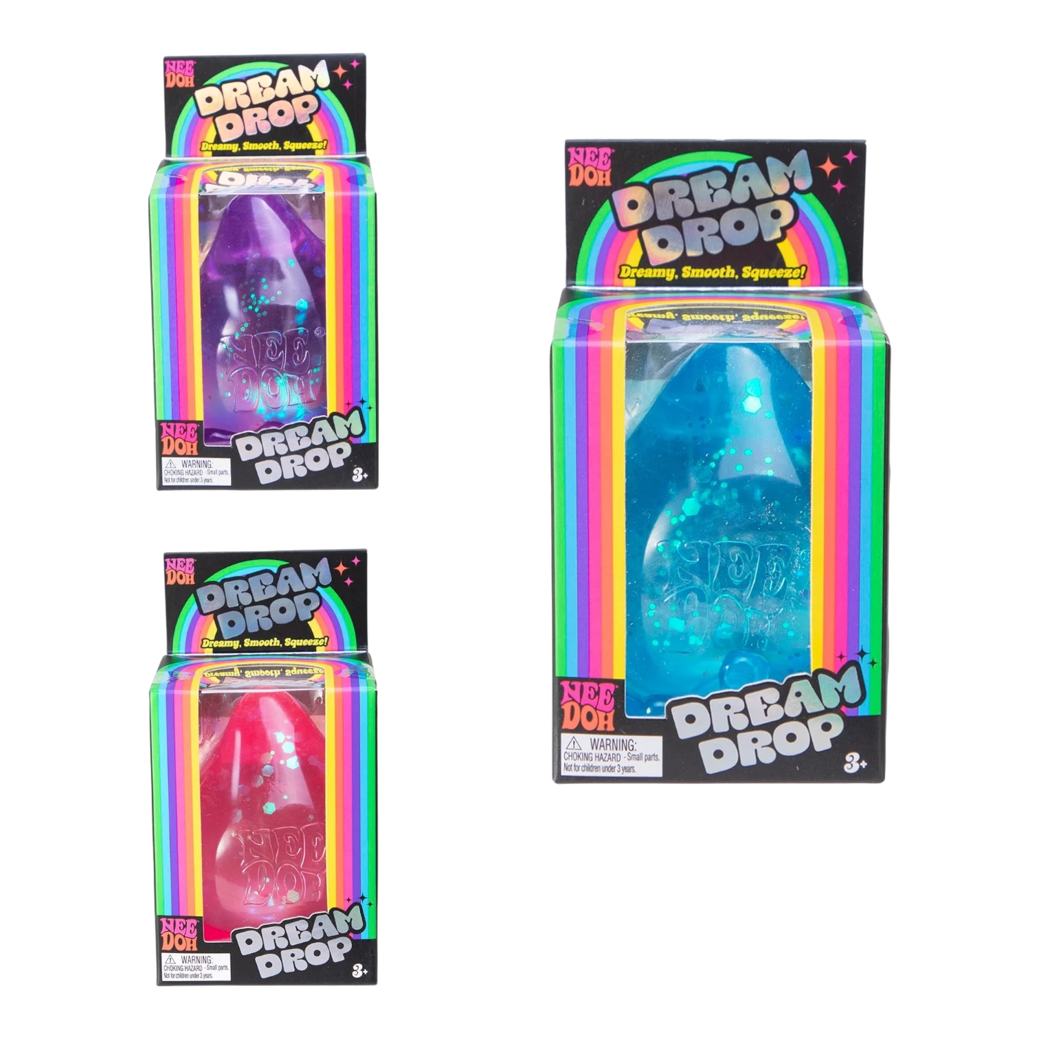Squish Planet NeeDoh Dream Drop fidget toy in purple, blue, and red, featuring a droplet shape and glitter.