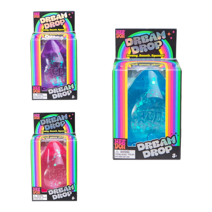 Squish Planet NeeDoh Dream Drop fidget toy in purple, blue, and red, featuring a droplet shape and glitter.