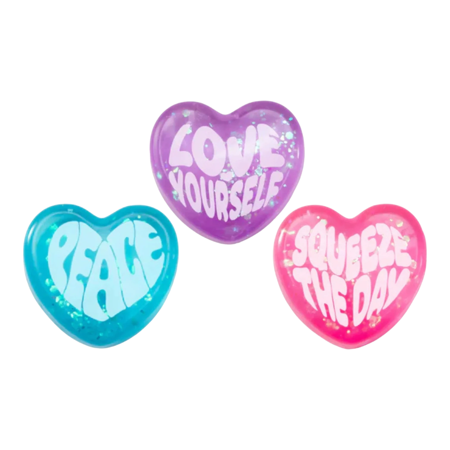 Squish Planet NeeDoh Good Vibes Only heart-shaped fidget toys in blue, purple, and pink with positive affirmations.
