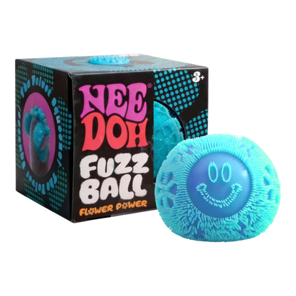 Squish Planet NeeDoh Fuzz Ball Flower Power fidget toy, blue fuzzy texture with smiley face and 00 eyes.