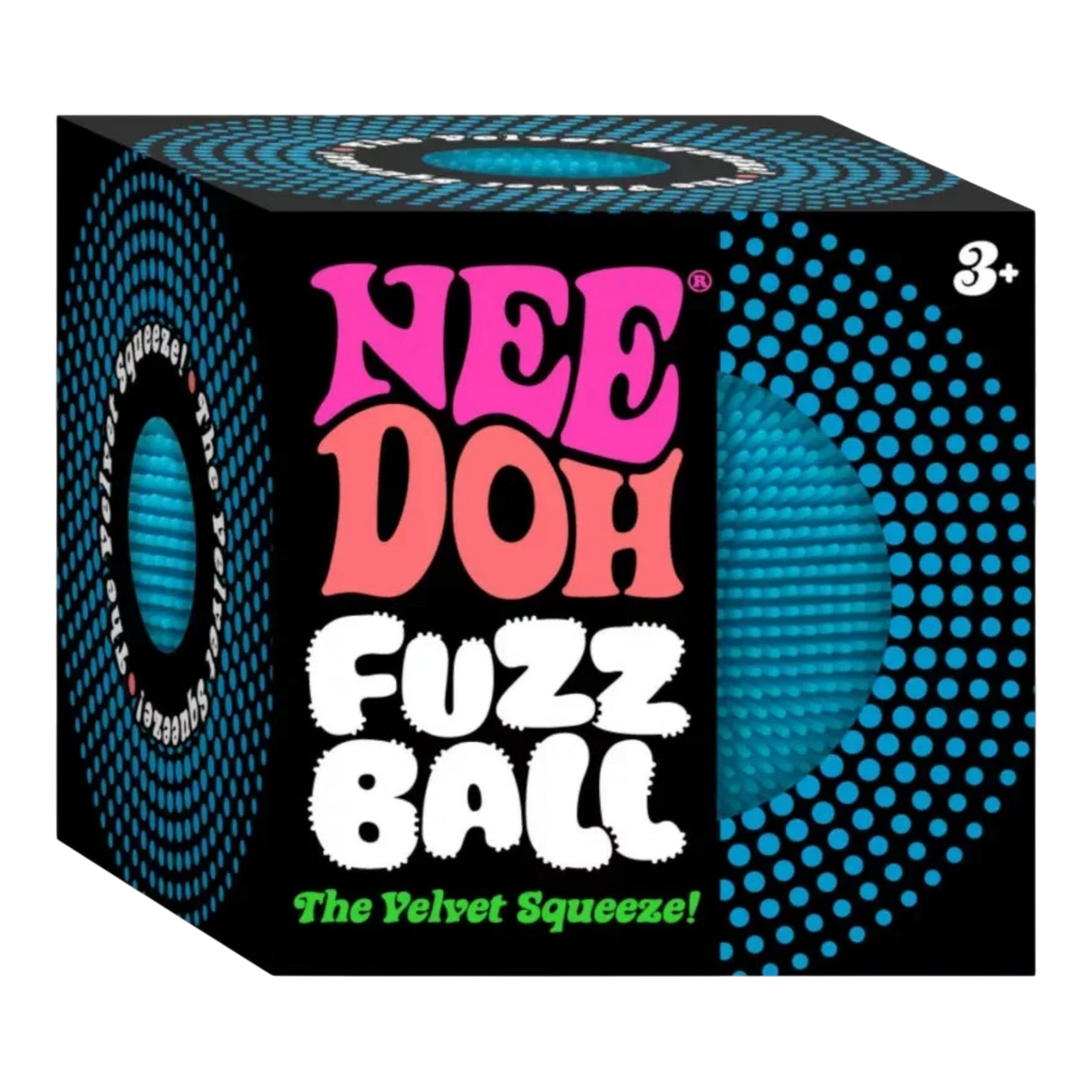 Squish Planet NeeDoh Fuzz Ball Velvet Squeeze fidget toy, blue, with soft velvet exterior and squishy core for stress relief.