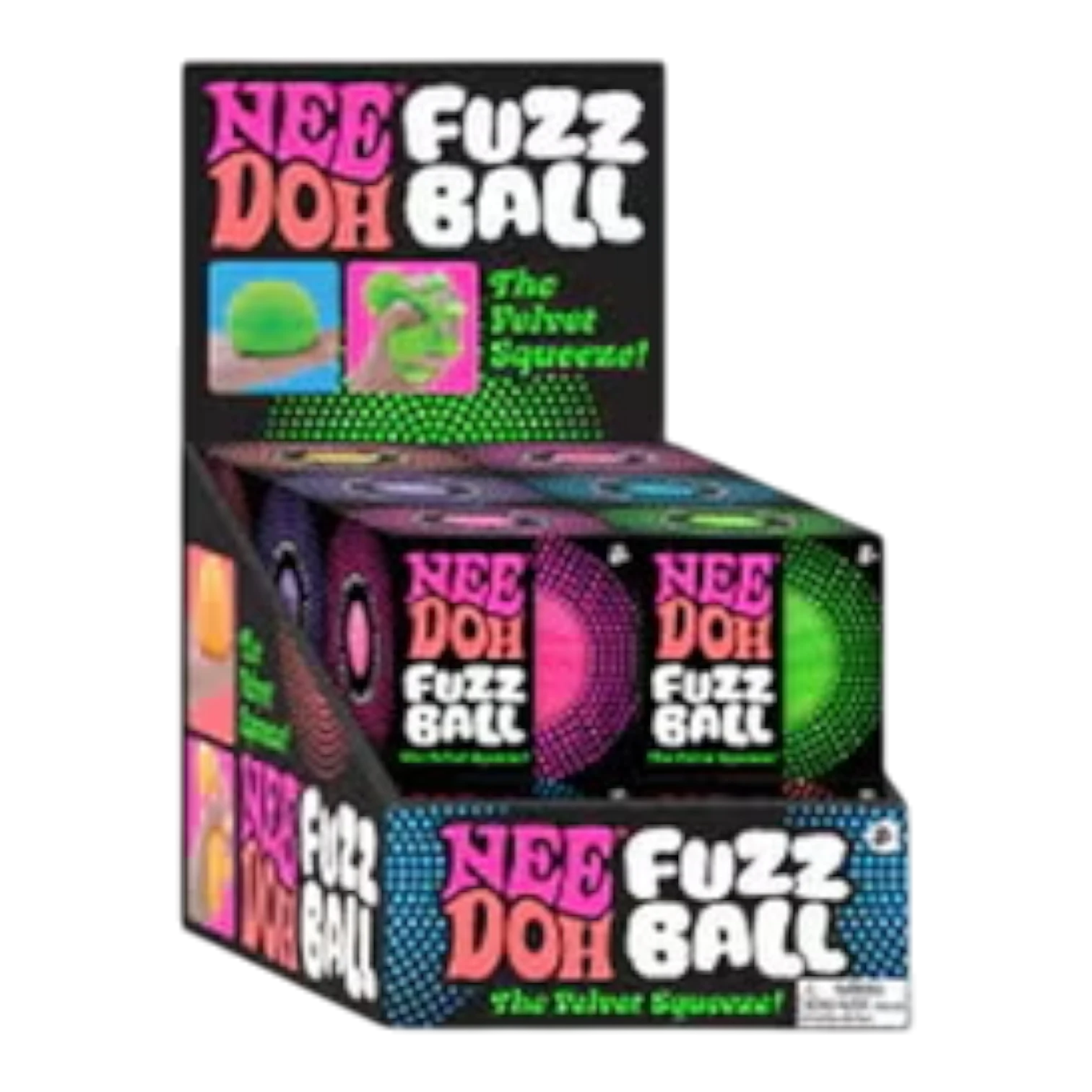 Squish Planet NeeDoh Fuzz Ball Velvet Squeeze fidget toy in assorted colors like green and pink, with a soft velvet exterior and squishy core.