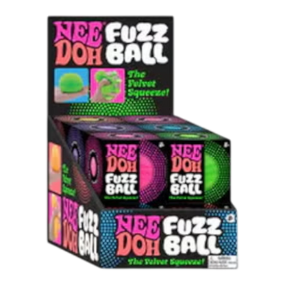 Squish Planet NeeDoh Fuzz Ball Velvet Squeeze fidget toy in assorted colors like green and pink, with a soft velvet exterior and squishy core.
