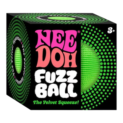 Squish Planet NeeDoh Fuzz Ball Velvet Squeeze fidget toy, green, with a soft velvet exterior and squishy core for stress relief.