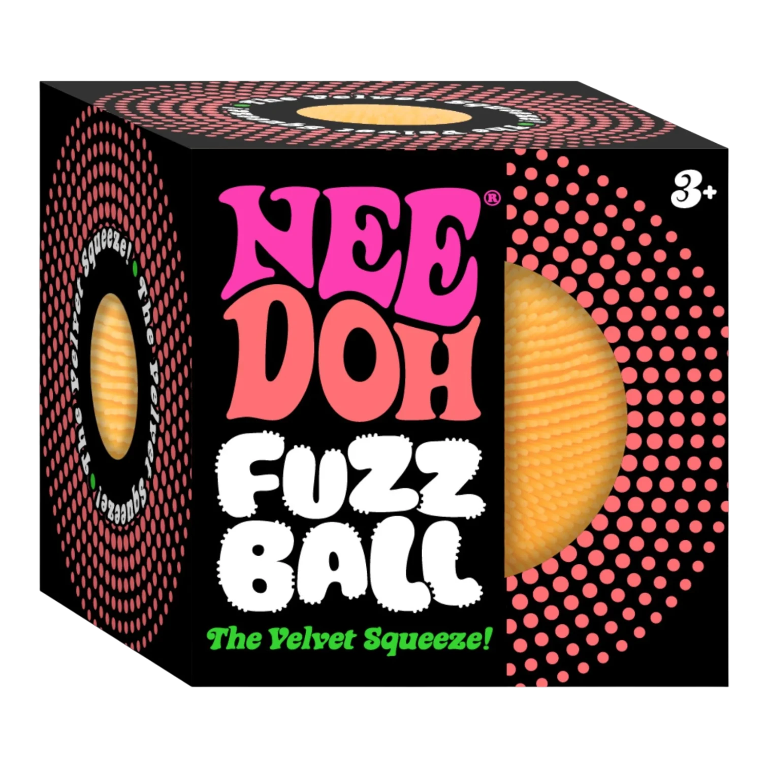 Squish Planet NeeDoh Fuzz Ball Velvet Squeeze fidget toy, orange, soft, squishy, velvet-textured exterior, stress relief