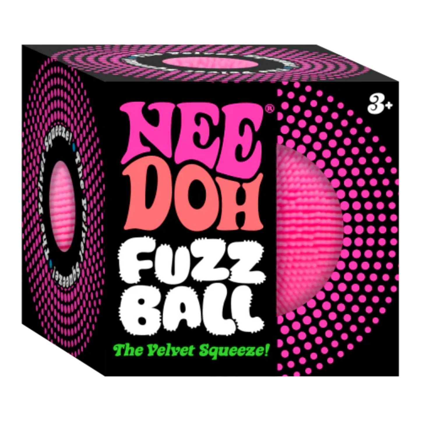 Squish Planet NeeDoh Fuzz Ball Velvet Squeeze fidget toy in bright pink with a soft velvet texture and squishy core.