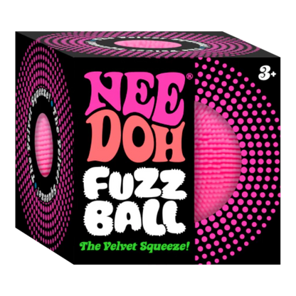 Squish Planet NeeDoh Fuzz Ball Velvet Squeeze fidget toy in bright pink with a soft velvet texture and squishy core.
