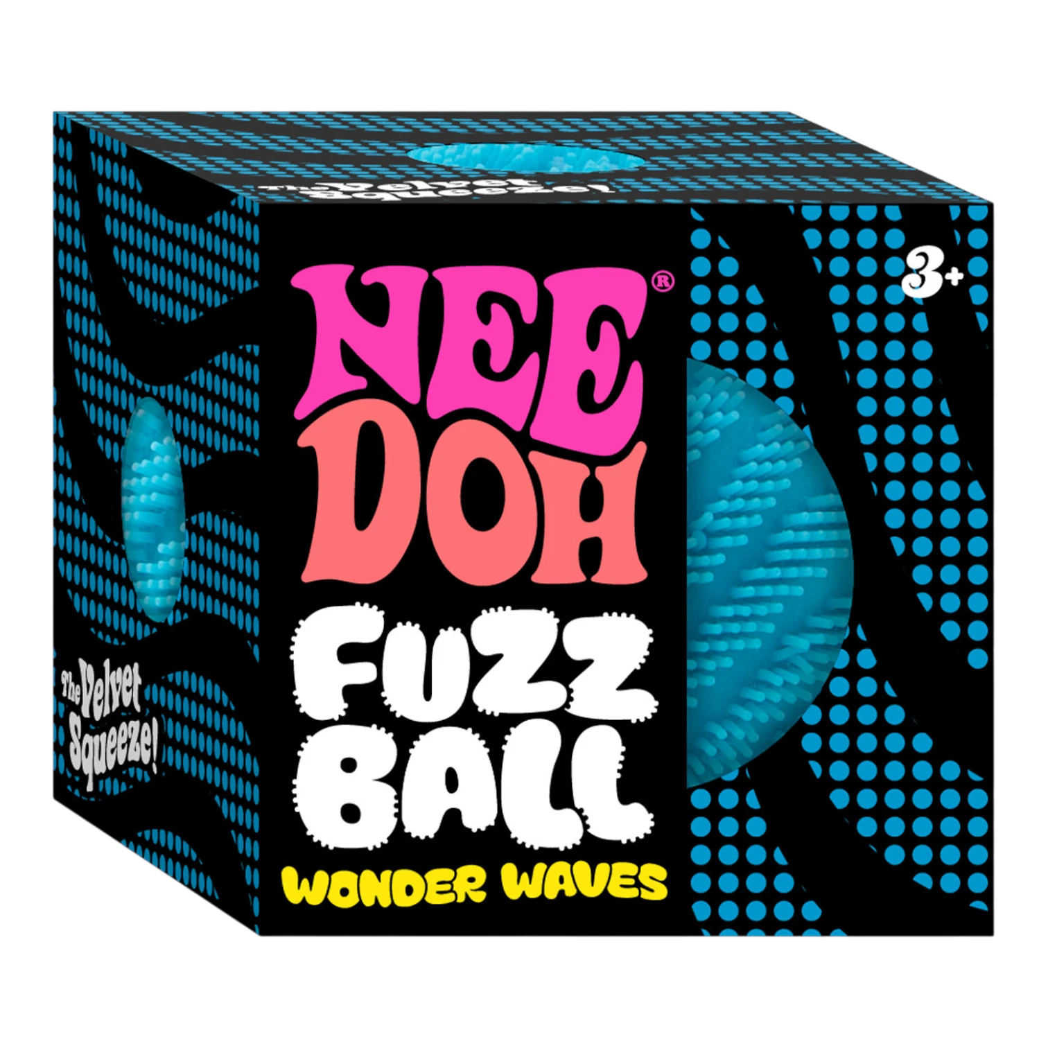 Squish Planet NeeDoh Fuzz Ball Wonder Waves blue textured fidget toy with wave pattern and fuzzy exterior.