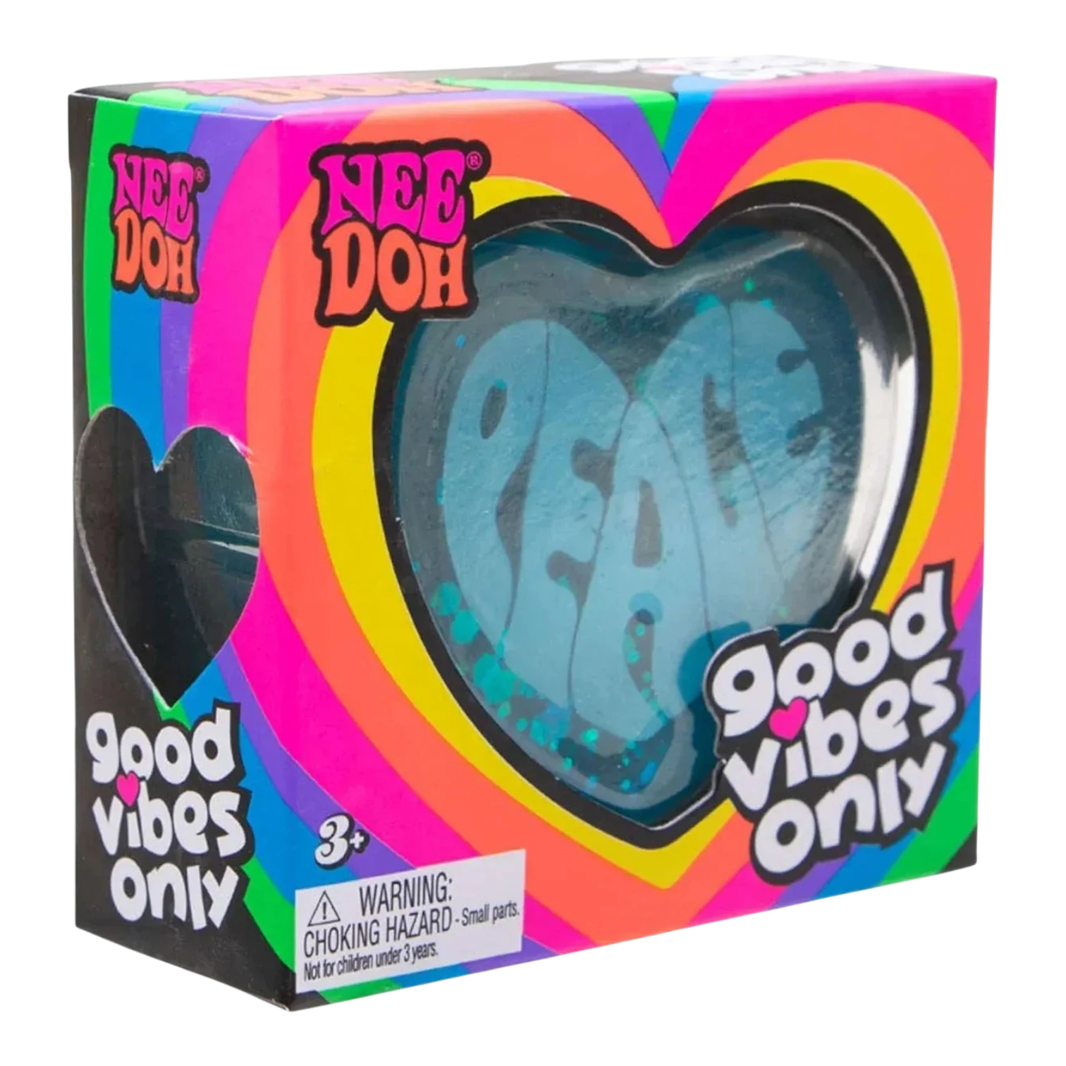 Squish Planet NeeDoh Good Vibes Only fidget toy in a blue heart shape with the word PEACE, on a colorful rainbow background.