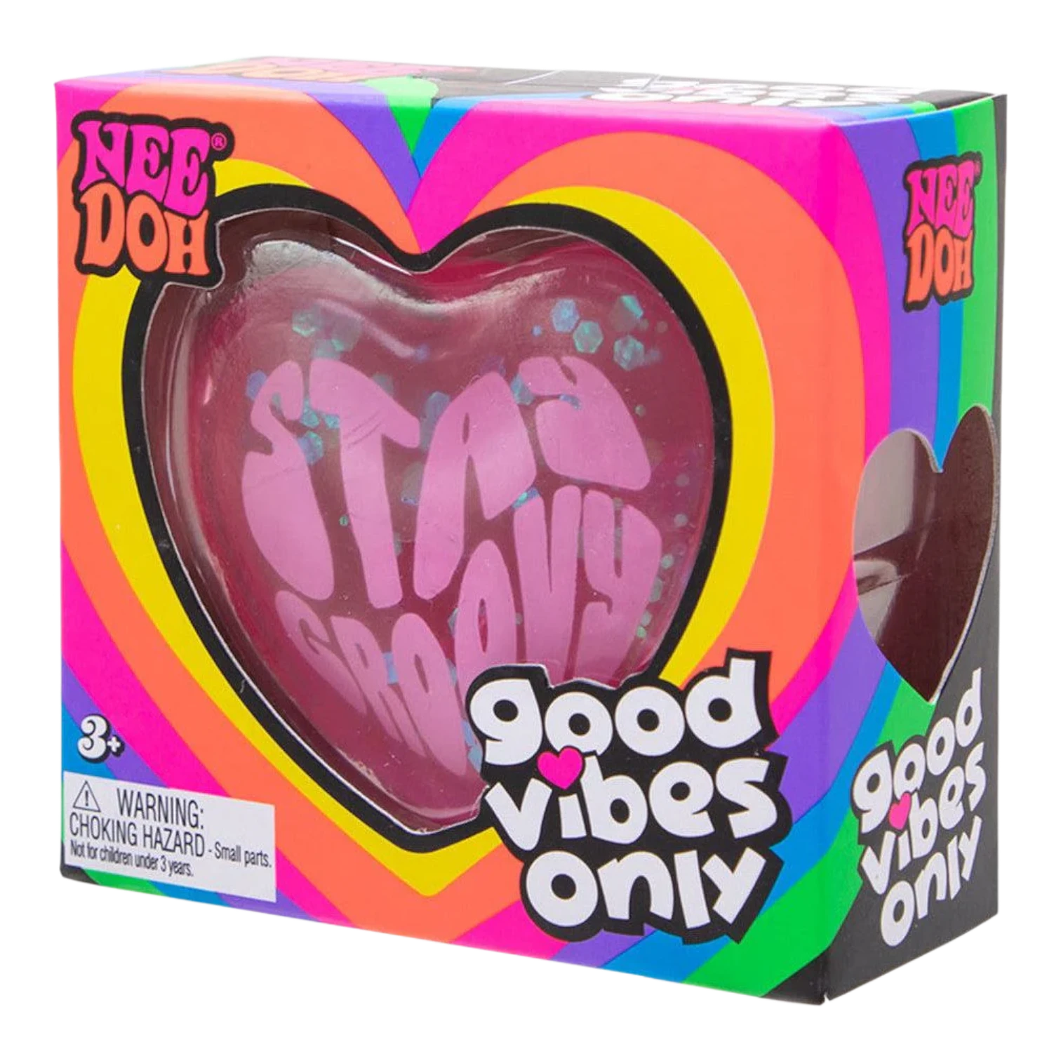 Squish Planet NeeDoh Good Vibes Only heart-shaped fidget toy with pink glitter and "Stay Groovy" text.