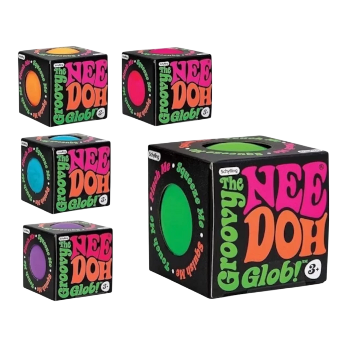 Squish Planet NeeDoh Groovy Glob fidget toy in orange, pink, blue, purple, and green. Soft, squishy, stress-relief.