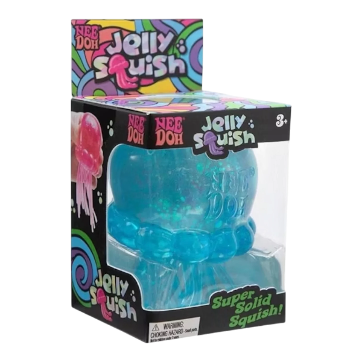 Squish Planet NeeDoh JellySquish blue jelly-like fidget toy with glitter, slow-rising squish texture for stress relief.
