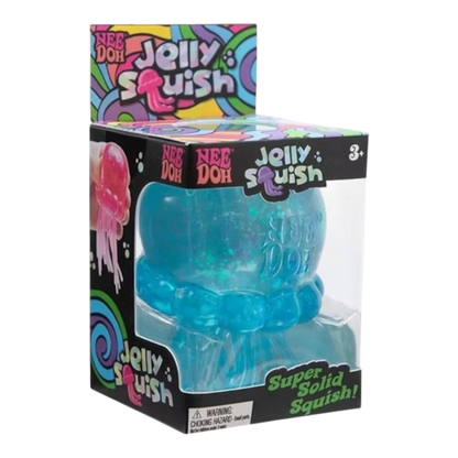 Squish Planet NeeDoh JellySquish blue jelly-like fidget toy with glitter, slow-rising squish texture for stress relief.