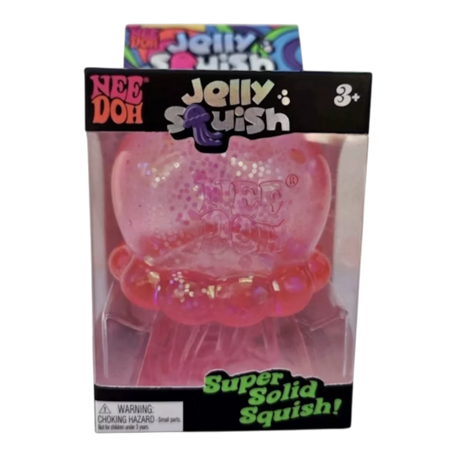 Squish Planet NeeDoh JellySquish fidget toy, a pink, glitter-filled, jelly-like squishy with a unique jellyfish shape and a satisfying slow-rise texture.