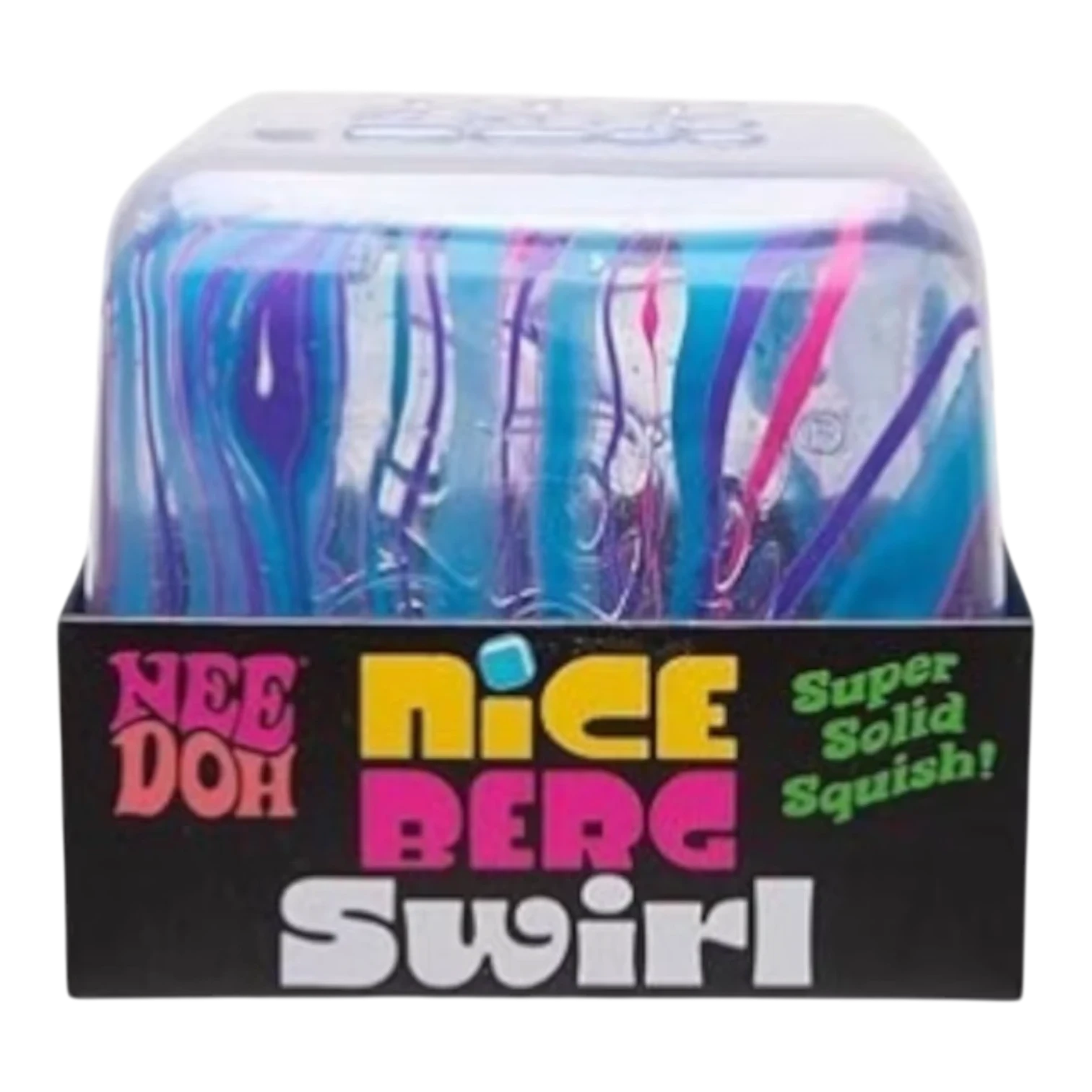 Squish Planet NeeDoh Jumbo Swirl Nice Berg fidget toy with blue, purple, and pink swirls. Soft, slow-rising squishy compound.