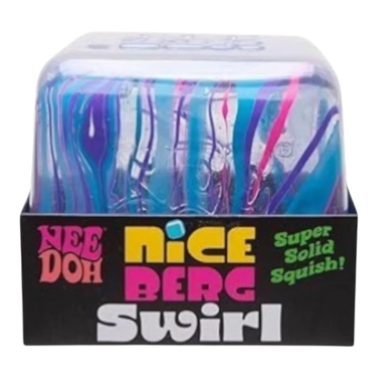 Squish Planet NeeDoh Jumbo Swirl Nice Berg fidget toy with blue, purple, and pink swirls. Soft, slow-rising squishy compound.