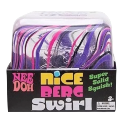 Squish Planet NeeDoh Jumbo Swirl Nice Berg fidget toy with purple, pink, and white swirls. Soft, squishy, slow-rising stress relief toy.