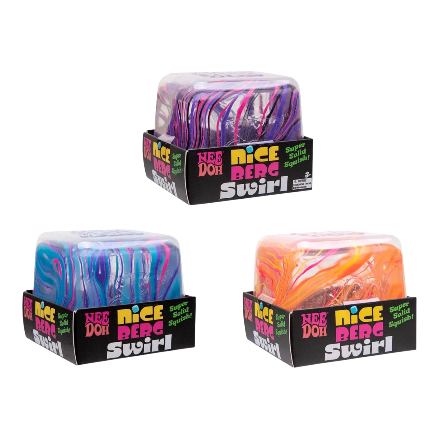 Squish Planet NeeDoh Jumbo Swirl Nice Berg fidget toy in purple, blue, and orange swirl patterns. Soft, slow-rising squishy.