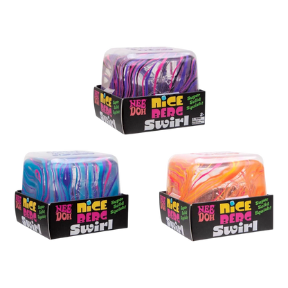 Squish Planet NeeDoh Jumbo Swirl Nice Berg fidget toy in purple, blue, and orange swirl patterns. Soft, slow-rising squishy.