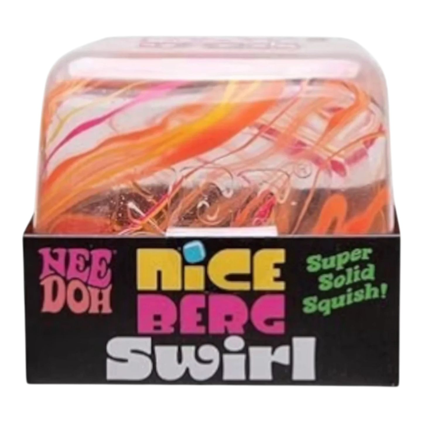 Squish Planet NeeDoh Jumbo Swirl Nice Berg fidget toy with orange, pink, and yellow swirls. Soft, squishy, and slow-rising.