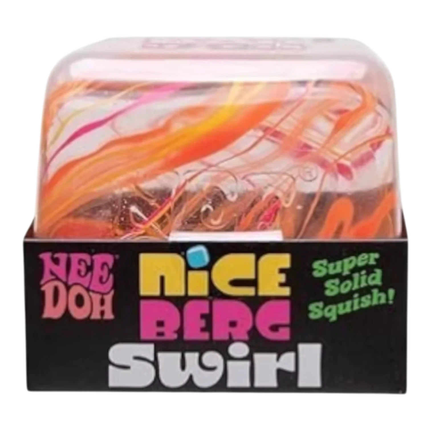 Squish Planet NeeDoh Jumbo Swirl Nice Berg fidget toy with orange, pink, and yellow swirls. Soft, squishy, and slow-rising.