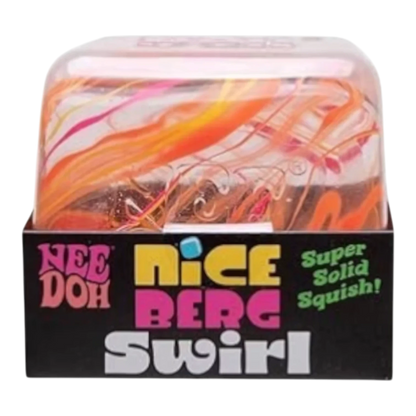 Squish Planet NeeDoh Jumbo Swirl Nice Berg fidget toy with orange, pink, and yellow swirls. Soft, squishy, and slow-rising.