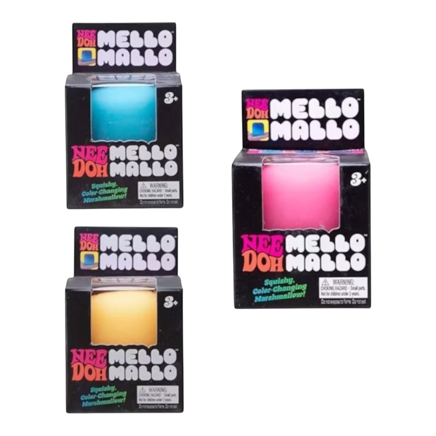 Squish Planet NeeDoh Mello Mallo squishy fidget toys in blue, pink, and yellow, marshmallow-shaped and slow-rising.