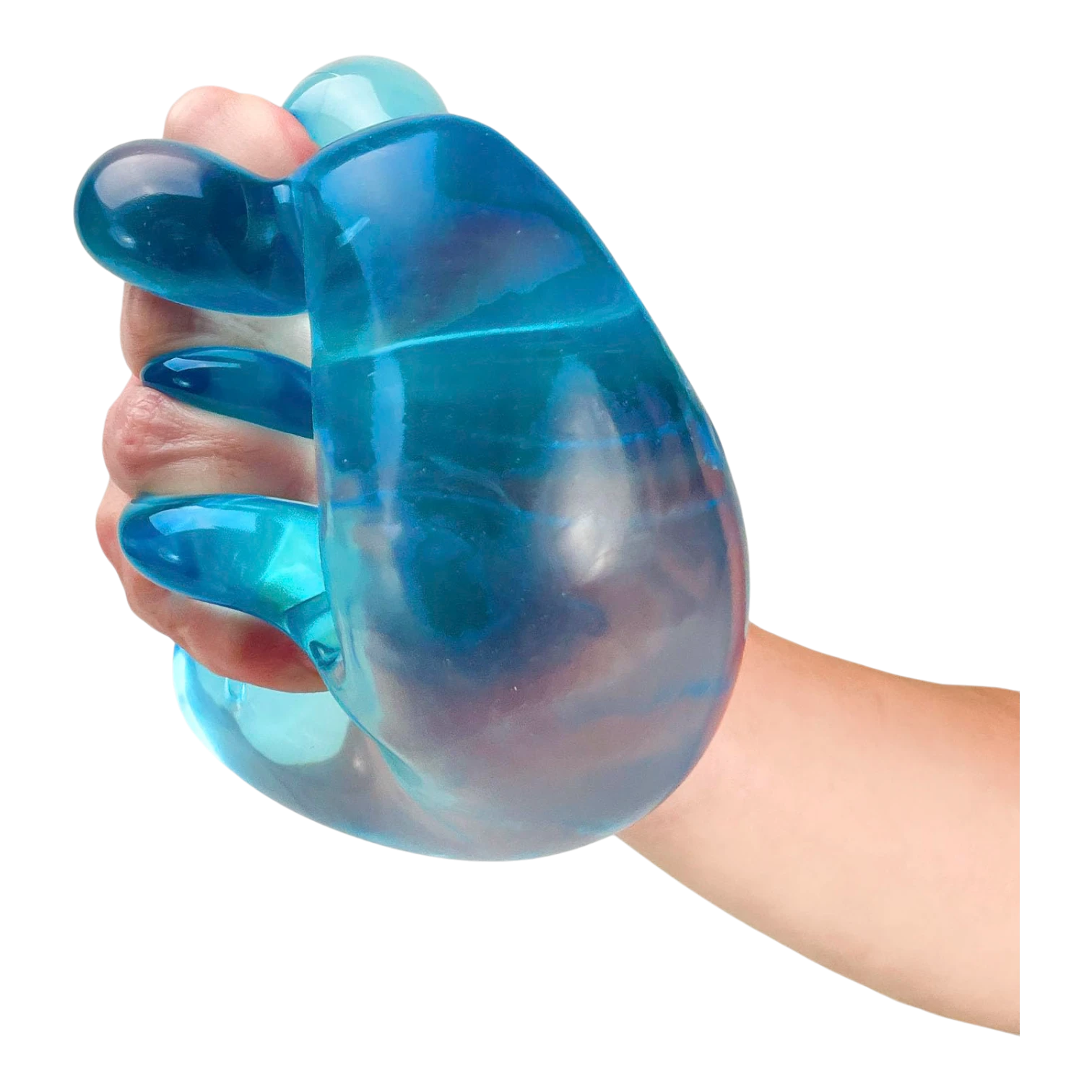 Squish Planet NeeDoh Nice Berg squishy fidget toy in translucent blue, shaped like an iceberg, being squeezed by a hand.