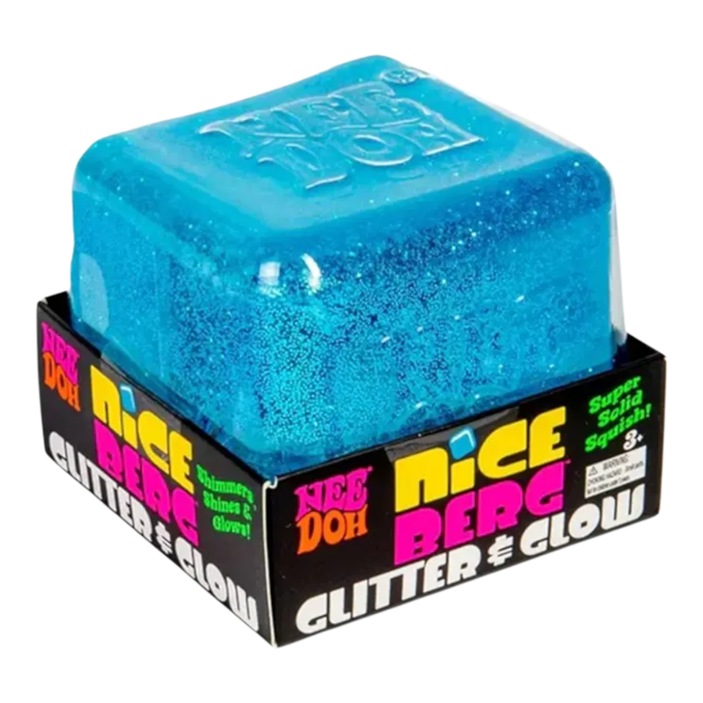 Squish Planet NeeDoh Nice Berg Glitter and Glow blue squishy fidget toy with a sparkling finish.